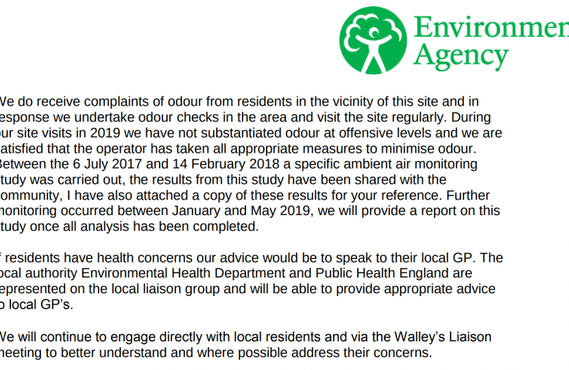 Screenshot of part of the Environment Agency's response