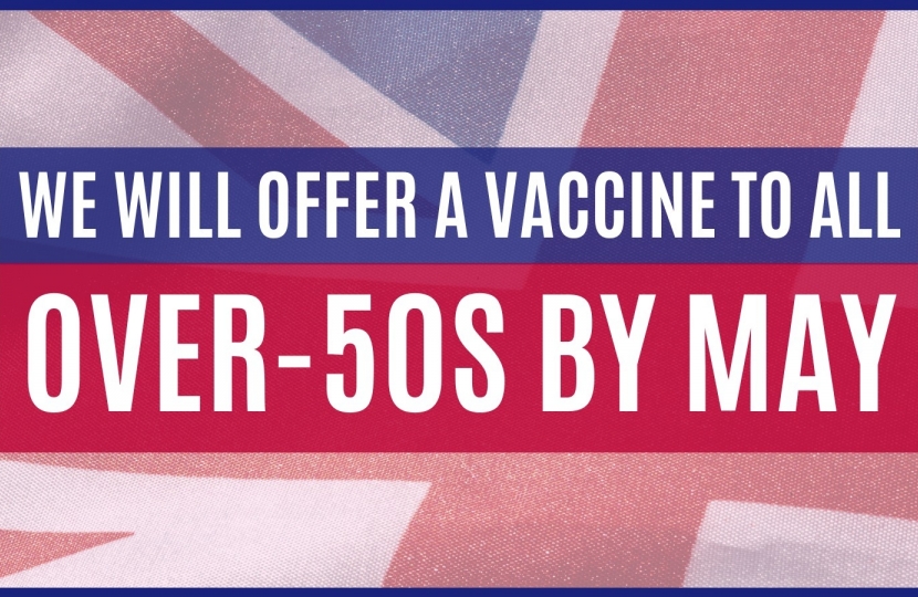 Graphic reading: We will offer a vaccine to all over-50s by May, superimposed over a Union Flag